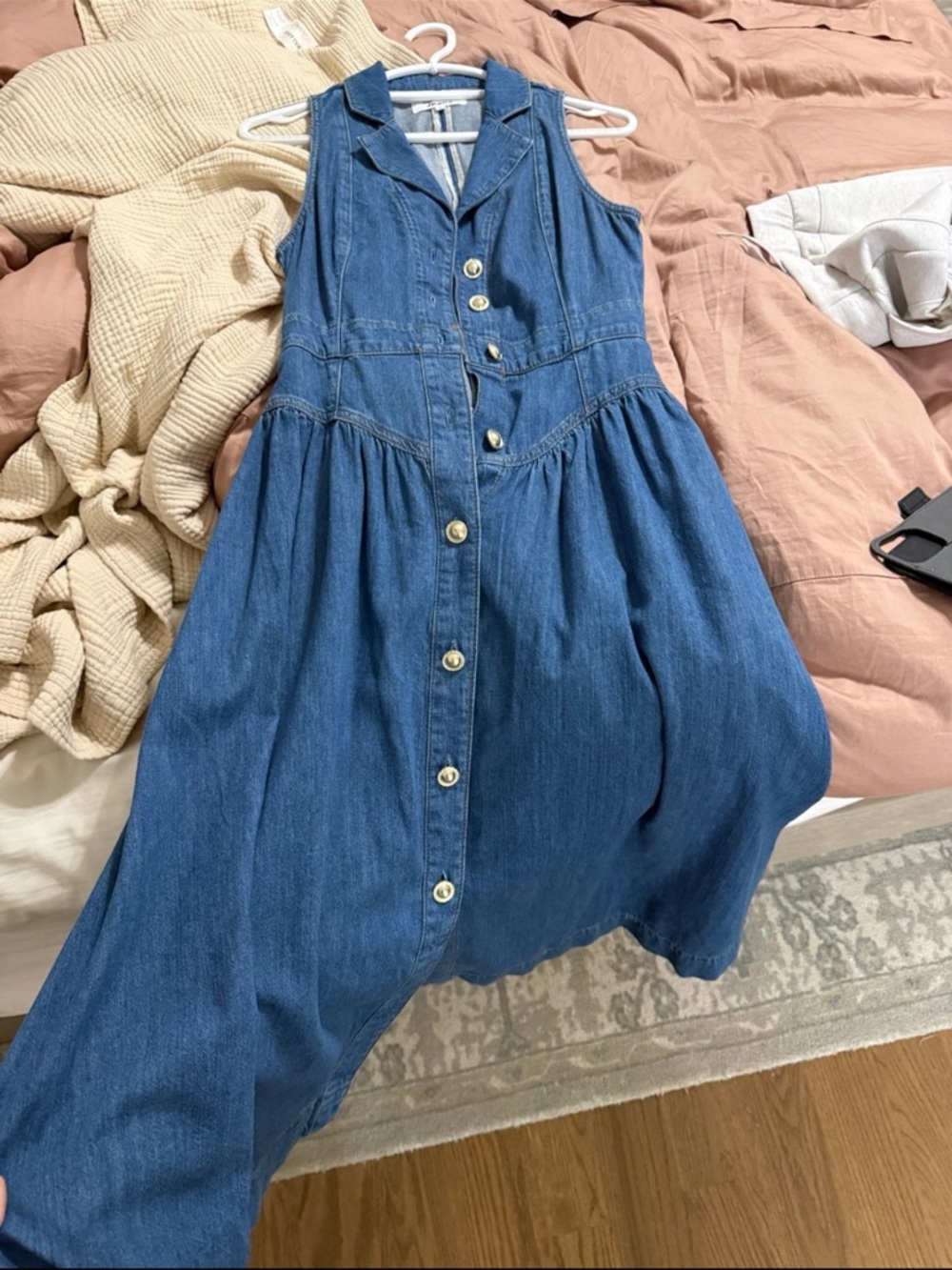 Reformation Blue Denim Button-Front Sleeveless Dress